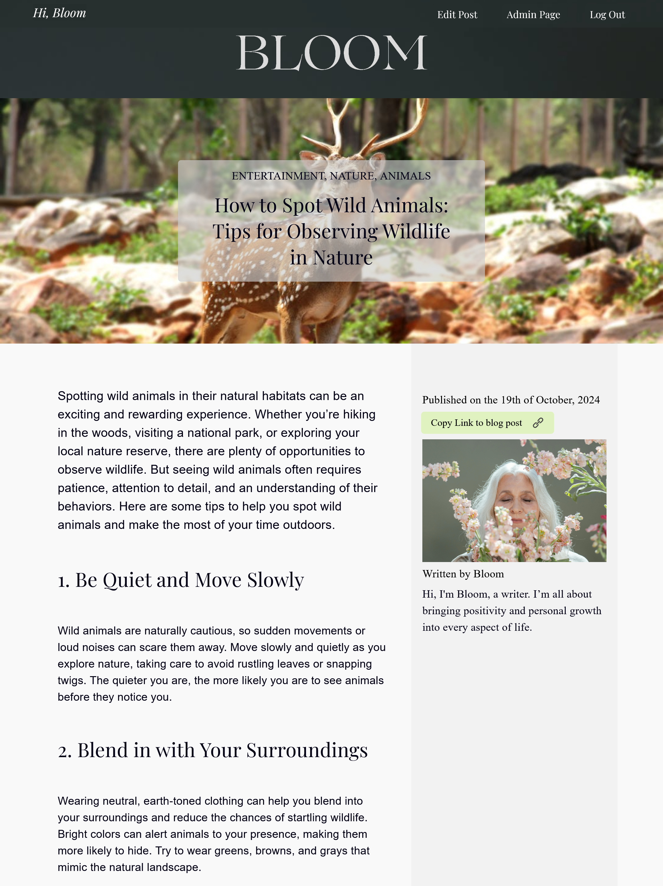 Detailed view of a blog post titled 'How to Spot Wild Animals: Tips for Observing Wildlife in Nature,' with clear typography, a sidebar showing the author, and a 'copy link' button